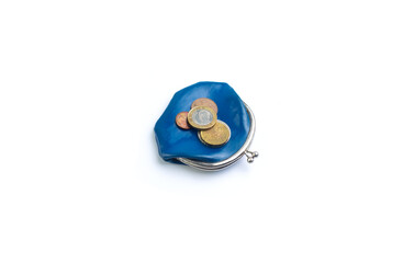 Old small wallet with money on a white background. Financial crisis concept.