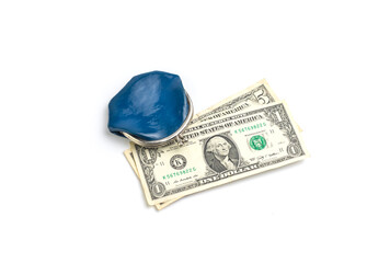 Old small wallet with money on a white background. Financial crisis concept.
