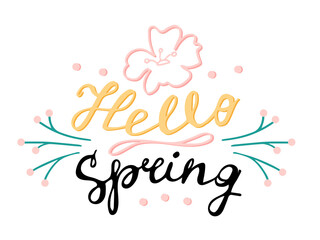 Handmade lettering on the theme of the coming of spring. Hello Spring! Color vector image with decorative elements 