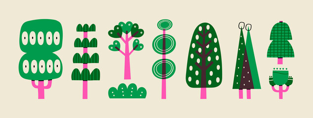 Hand drawn various green and purple Trees. Abstract different shapes. Trendy Vector illustration. Cartoon style. Various textures. All elements are isolated  © Dariia