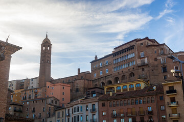 Fototapeta premium General view of historic buildings, bullring, streets and Cathedral of Tarazona, Aragon, Spain..