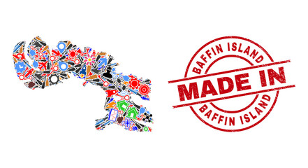 Service Baffin Island map mosaic and MADE IN textured rubber stamp. Baffin Island map collage created with spanners, wheels, instruments,, keys, transports, electricity strikes, details.