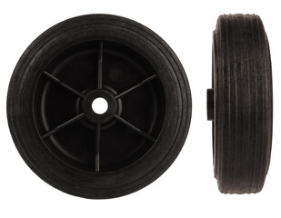 Black plastic wheel with tire isolated on white background