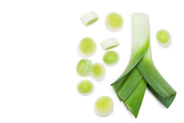 leek with slices isolated on white background. with clipping path. top view