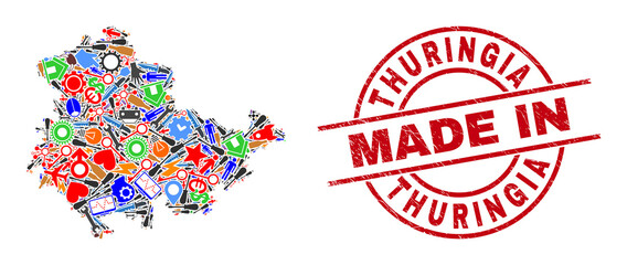 Science Thuringia Land map mosaic and MADE IN scratched seal. Thuringia Land map mosaic formed from wrenches, gear wheels, instruments, air planes, vehicles, power bolts, details.