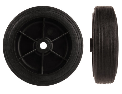 Black plastic wheel with tire isolated on white background