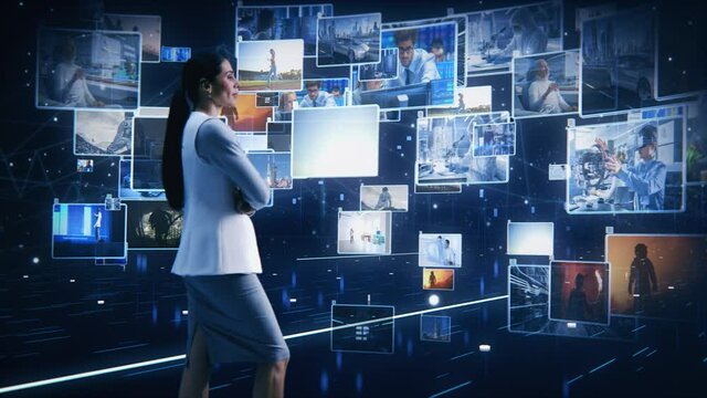 Virtual Reality Internet Interface Concept: Beautiful Business Woman Stands in 3D Cyberspace: Browses Through Content Websites, Watches Video Streaming Services, uses Social Media, does e-Commerce
