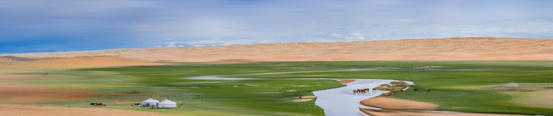 Naklejka premium landscape of amazing lake with horses on shore at sunn day 