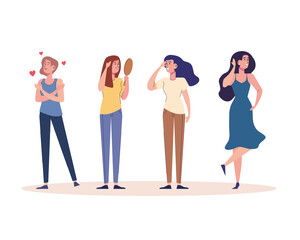 Obraz premium group of four beautiful girls characters vector illustration design