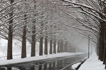 雪景色のメタセコイヤ並木
