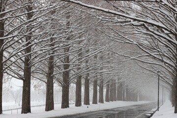 雪景色のメタセコイヤ並木
