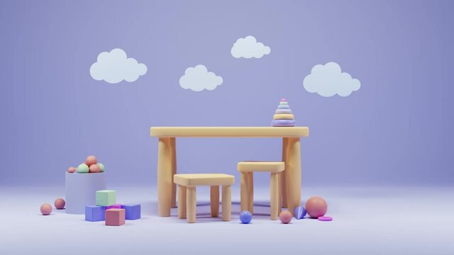 Children playground in entertainment center with table and chairs, dry pool, stacking toy, cubes and balls on blue background with clouds, room for games, cartoon primary school or kindergarten