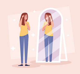 beautiful sexy girl standing looking in the mirror vector illustration design