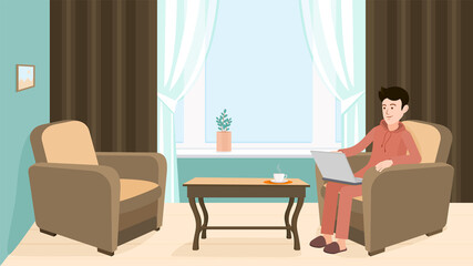 A man is sitting on a armchair in the room. Home comfort with a laptop and a cup of coffee. Vector illustration for animation. Editable strokes. All the details are on separate layers.
