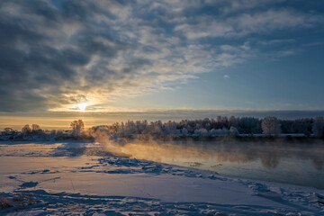 Fototapeta na wymiar Winter morning on the Velikaya River, Pskov region, Russia