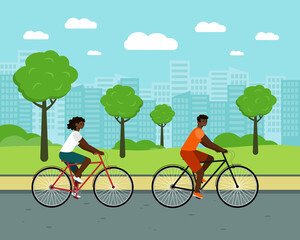 Black people ride city bike. woman and man on bicycles. african american couple characters with urban green park on background