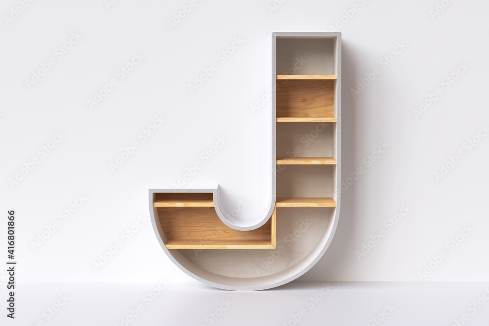 Poster bookcase in letter “j” form with empty spaces ideal for displaying products. 3d rendering.