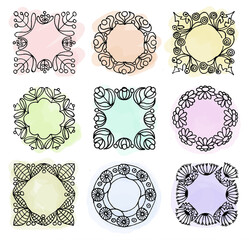 Set of floral frames. Ink drawing on a watercolor background. Hand drawing.
