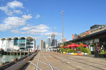 Auckland Wharf District and City Skyline. New Zealand.