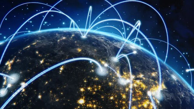 3D Graphics Concept: Spinning Planet Earth Seen from Space Sharing Rays of Information Between Cities. Global Digital Data Network Connecting the Whole World. Digitalization of e-Commerce, e-Business