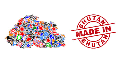 Service Bhutan map mosaic and MADE IN grunge seal. Bhutan map mosaic created with wrenches, wheels, screwdrivers, elements, transports, electric sparks, details.
