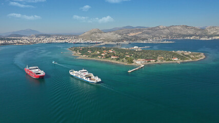 Aerial drone photo of small island of Agios Georgios next to Ferry port of Paloukia, Salamina...