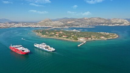 Aerial drone photo of small island of Agios Georgios next to Ferry port of Paloukia, Salamina...