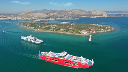 Aerial drone photo of small island of Agios Georgios next to Ferry port of Paloukia, Salamina...