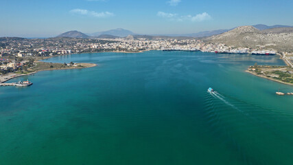 Fototapeta na wymiar Aerial drone photo of small island of Agios Georgios next to Ferry port of Paloukia, Salamina island, Attica, Greece