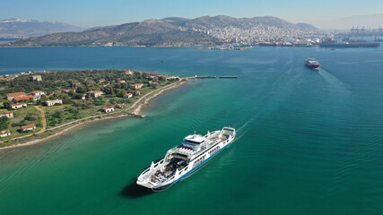 Aerial drone photo of small island of Agios Georgios next to Ferry port of Paloukia, Salamina...