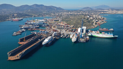 Aerial drone photo of industrial shipyard in old port of Salamina island, Attica, Greece