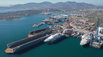 Aerial drone photo of industrial shipyard in old port of Salamina island, Attica, Greece