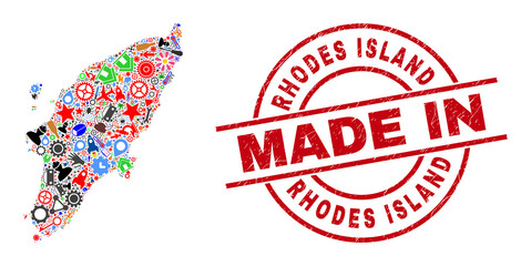 Education Rhodes Island map mosaic and MADE IN distress seal. Rhodes Island map abstraction formed from wrenches, gear wheels, screwdrivers,, keys, vehicles, electric sparks, rockets.