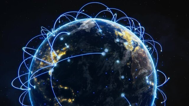 3D Graphics Concept: Spinning Planet Earth Seen from Space Sharing Rays of Information Between Cities. Global Digital Data Network Connecting the Whole World. Digitalization of e-Commerce, e-Business