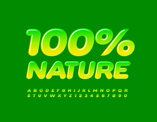 Vector eco emblem 100% Nature. Gradient color Font. Green Alphabet Letters and Numbers set