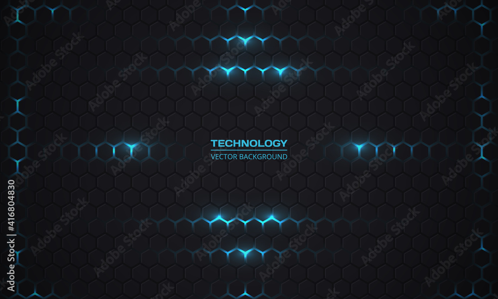Aufkleber Technology hexagonal dark vector background. Abstract bright blue energy flashes under hexagon in dark futuristic technology modern background vector illustration. Gray honeycomb grid texture.
