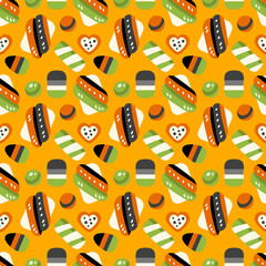 Happy Halloween sweets pattern. Seamless background with trick or treat candies. Vector illustration. Many types spooky dessert.