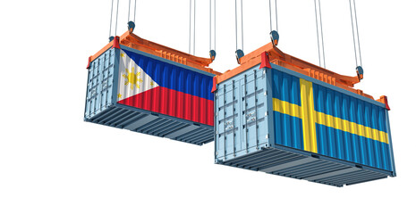Freight containers with Sweden and Philippine flag. 3D Rendering 