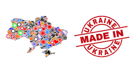 Production mosaic Ukraine map and MADE IN distress rubber stamp. Ukraine map collage created from wrenches, gear wheels, screwdrivers, elements, transports, electric bolts, details.