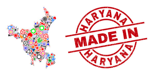 Development mosaic Haryana State map and MADE IN textured seal. Haryana State map mosaic formed with spanners, gearwheels, tools, items, transports, electric strikes, rockets.