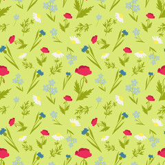 Wildflowers on a green background. Summer vector seamless pattern. Poppies, cornflowers, forget-me-nots and chamomile. Background for textiles, wrapping paper, bed linen, packaging design and holidays