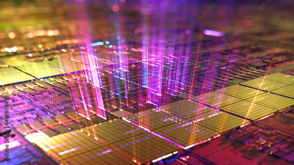 Poster abstract neon light rays loop of digital technology micro processor. futuristic technology abstract 