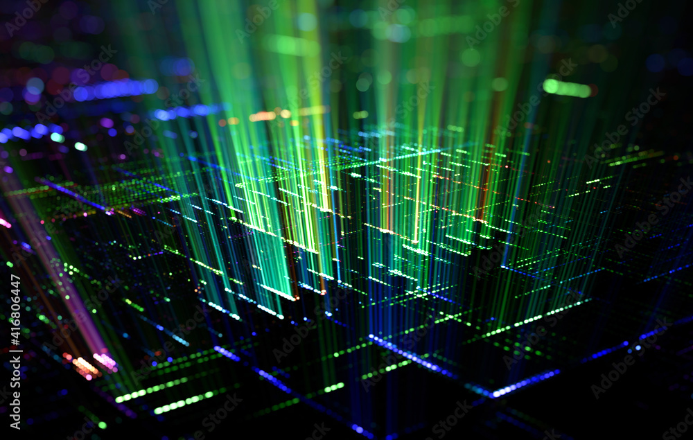 Poster tech abstract of futuristic surface pattern with colorful light rays
