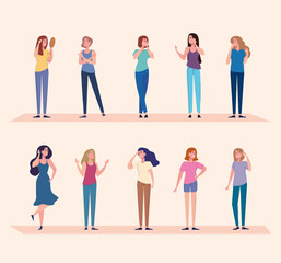 Obraz premium group of ten beautiful girls characters vector illustration design