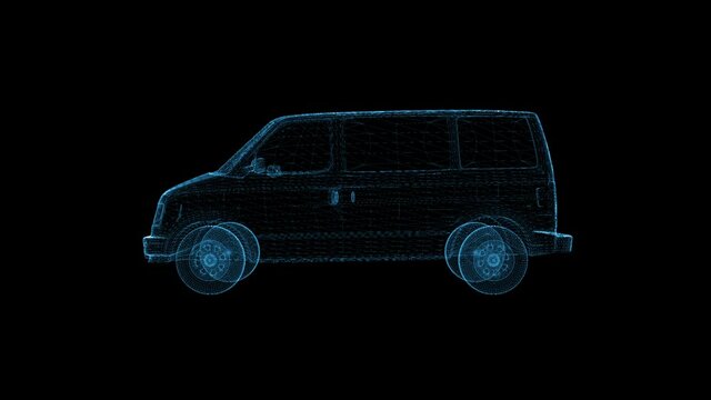Minivan. Wireframe triangle formation of 3d model car. Seamless looping motion animated automobile.