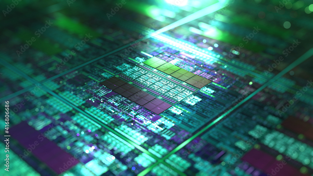 Poster silicon green wafer, hardware data processing. 3d rendering