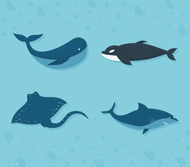 set of sealife icons on a water background