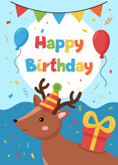 Fototapeta premium Happy Birthday greeting card with cute cartoon deer. Forest animals. Vector illustration.
