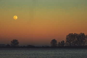 Anochecer, con la luna sobre una laguna