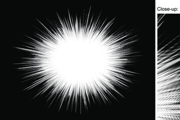 Light rays of explosion with radiant beams made from monochrome black and white dot shading pattern of retro comics book style . Radial zoom emission of luminous energy. Vector background illustration